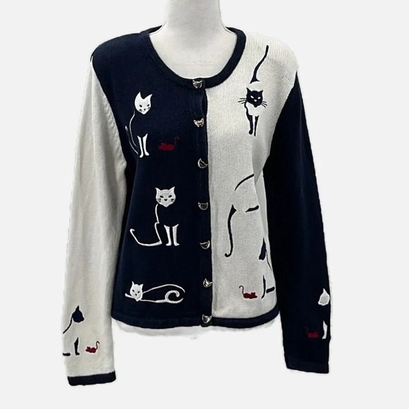 Christopher & Banks Vintage Applique & Embroidery Cat Cardigan - Size Small - Picture 1 of 10